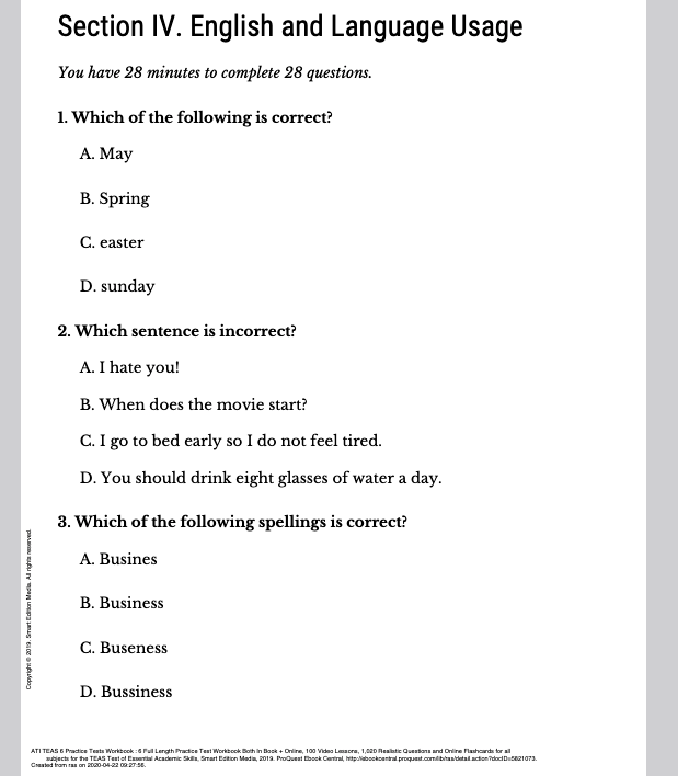 TEAS English and Language Usage Practice Test 2024